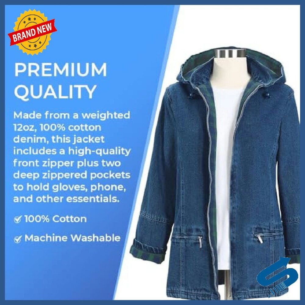 Flannel Lined Denim Jacket with Detachable Hood, Zip Pockets, 100% Cotton - Picture 4 of 8